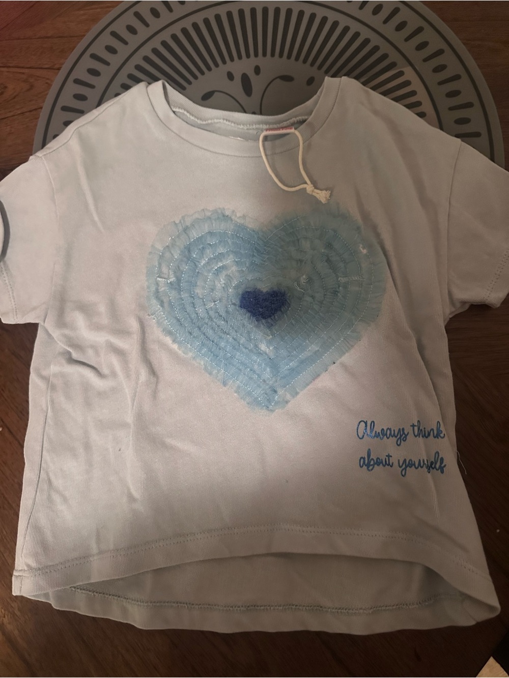 Zara White Tee with Layered Blue Heart Applique